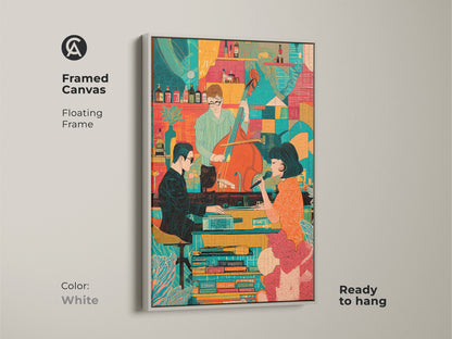 A framed canvas of a Mid-Century Modern Jazz Band in a floating white frame. This retro singer and bassist artwork is ready to hang. The art adds an eclectic touch with its orange and teal colors. It is an ideal piece of home decor for music enthusiasts.