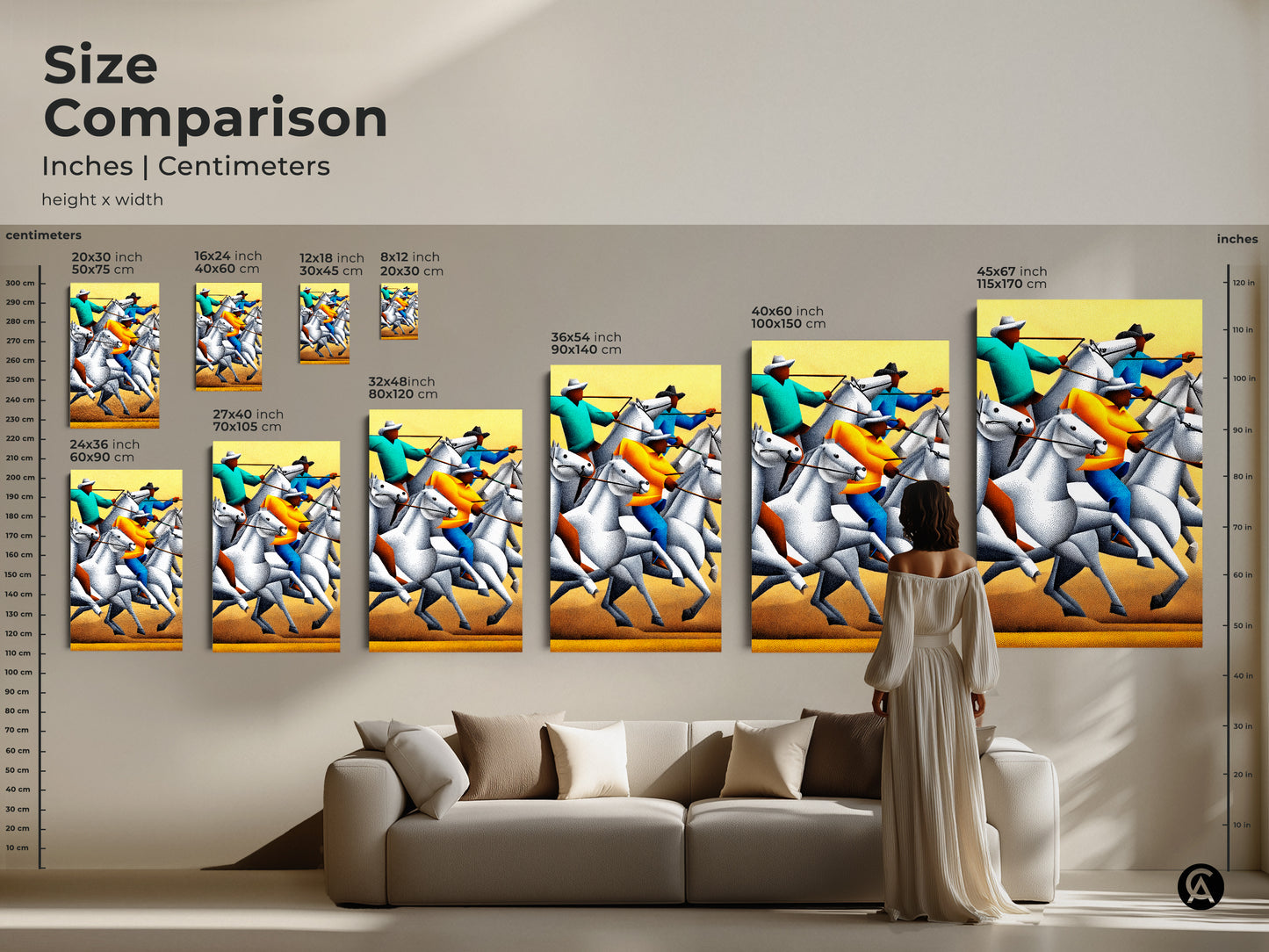 A size comparison for stippled figurative western horse & rider canvas print. Sizes range from small to large perfect for any space. Visualize how this eclectic teal yellow orange wall art fits in your home. Elevate your modern western wall decor with this dynamic horse painting.