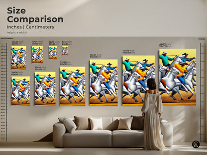 A size comparison for stippled figurative western horse & rider canvas print. Sizes range from small to large perfect for any space. Visualize how this eclectic teal yellow orange wall art fits in your home. Elevate your modern western wall decor with this dynamic horse painting.