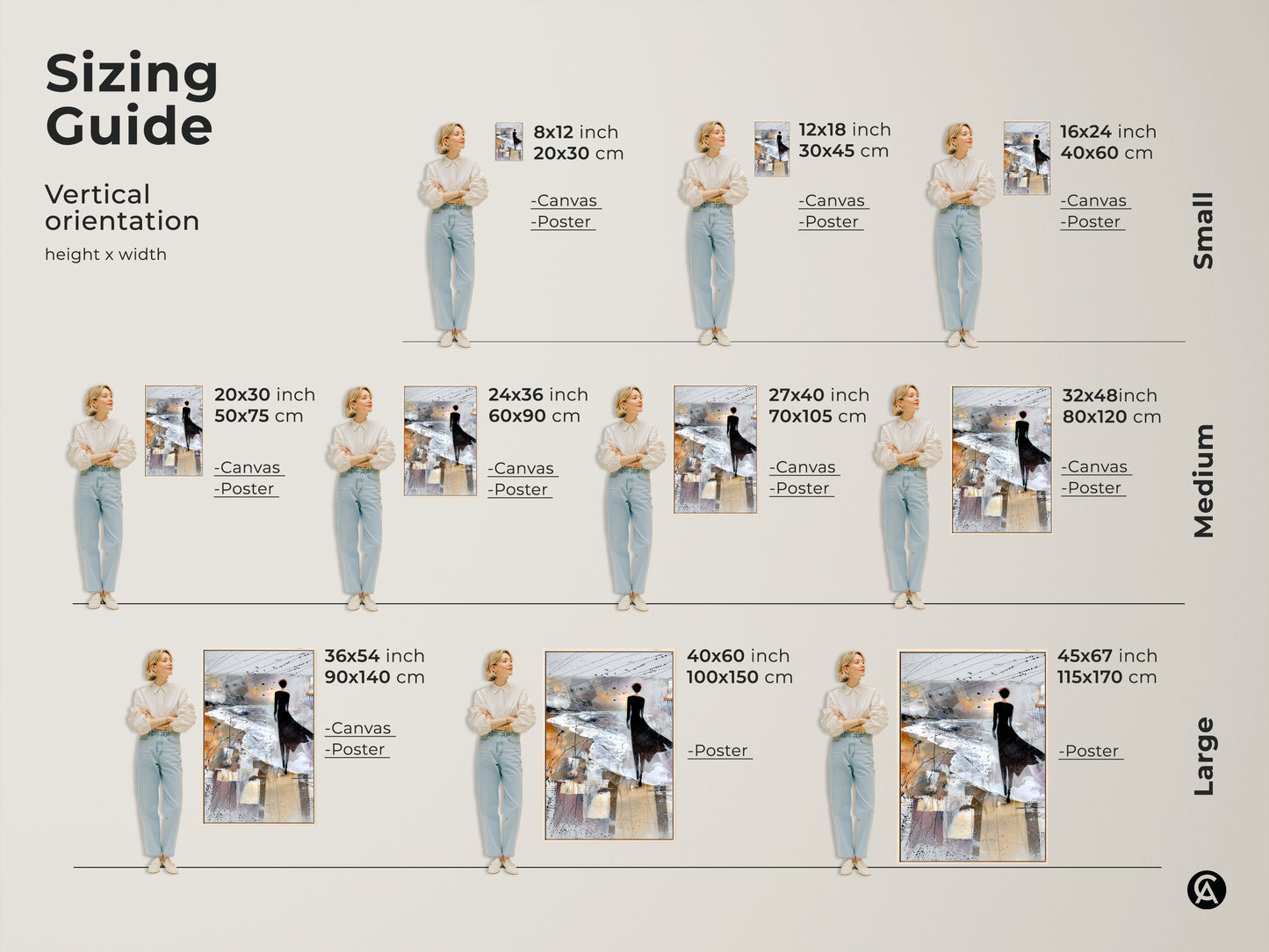 Sizing guide showing vertical orientation of abstract art. See the height and width of the canvas and poster print. The art depicts a woman and birds in Brown White and Grey tones.