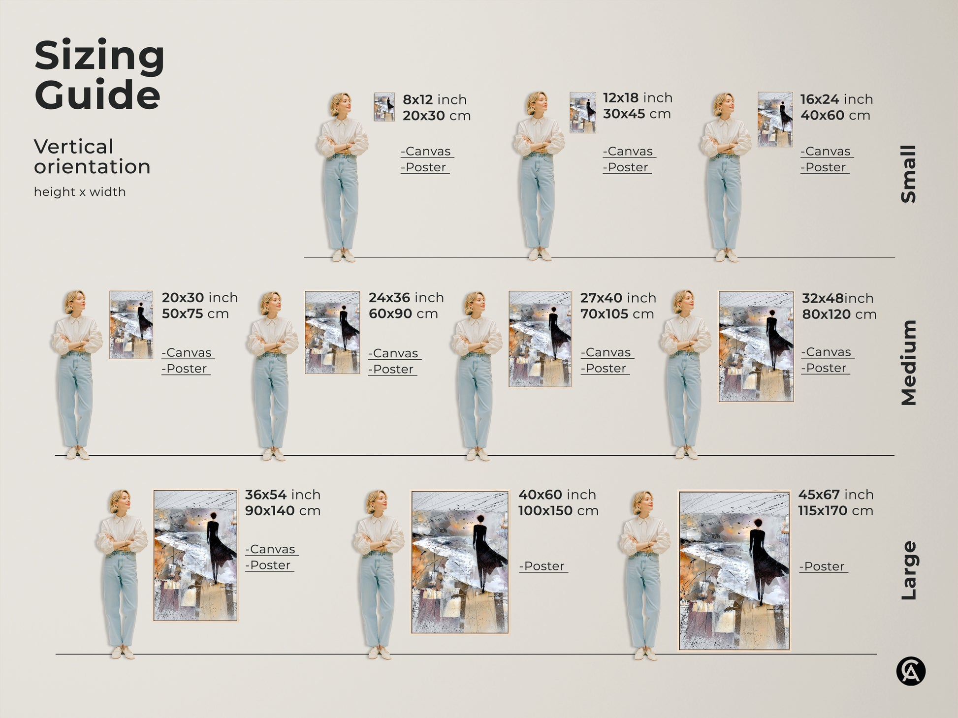 Sizing guide showing vertical orientation of abstract art. See the height and width of the canvas and poster print. The art depicts a woman and birds in Brown White and Grey tones.