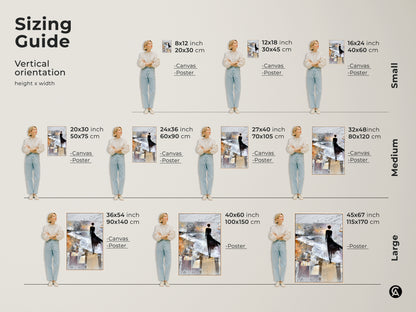 Sizing guide showing vertical orientation of abstract art. See the height and width of the canvas and poster print. The art depicts a woman and birds in Brown White and Grey tones.