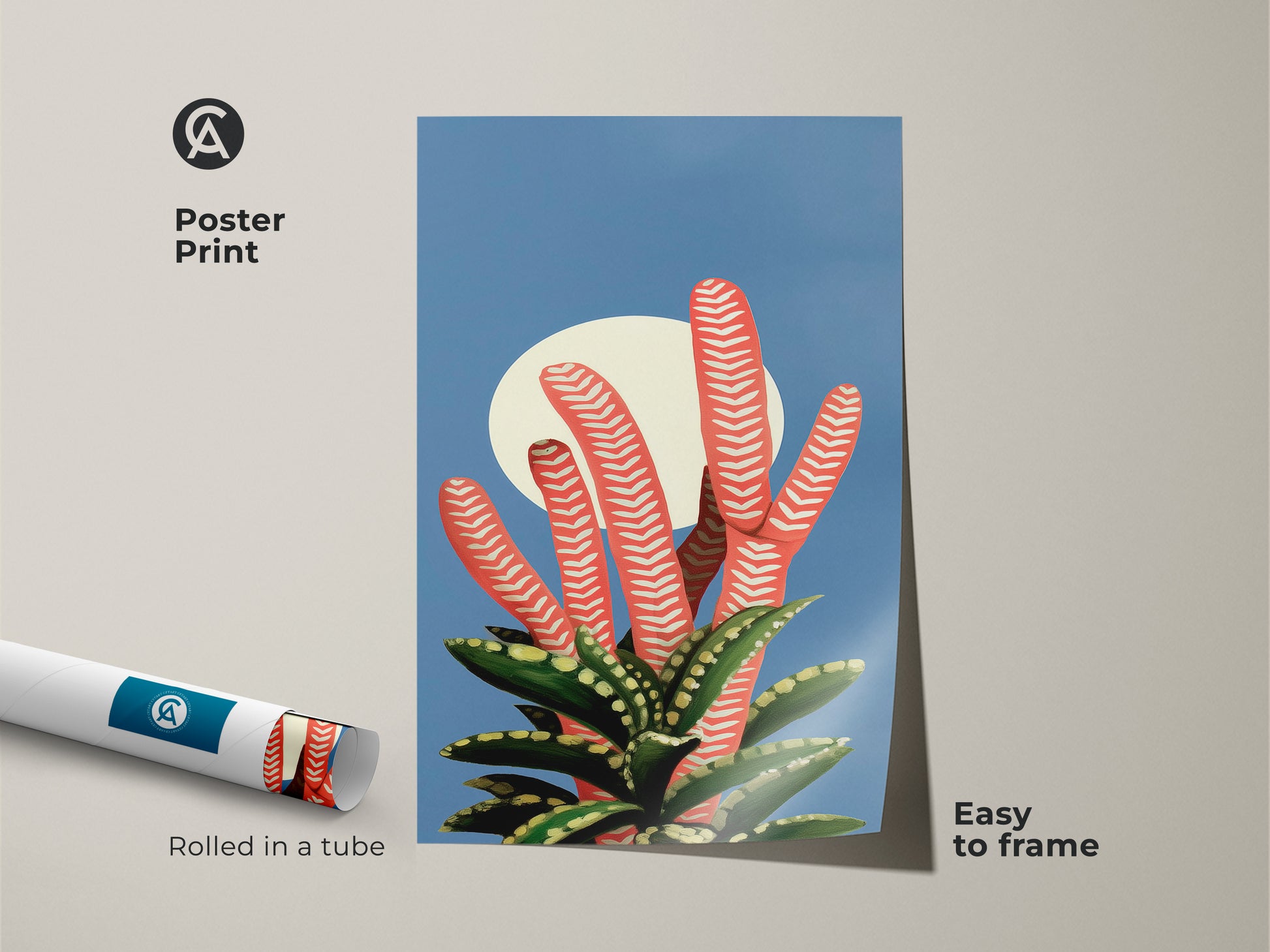 Poster Print showcases an abstract botanical art with a coral succulent. This Mid-Century Modern print is ideal for Scandinavian office decor. The blue moon wall art is easy to frame. It is a great piece of nature-inspired artwork. Rolled safely in a tube.