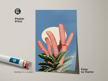 Poster Print showcases an abstract botanical art with a coral succulent. This Mid-Century Modern print is ideal for Scandinavian office decor. The blue moon wall art is easy to frame. It is a great piece of nature-inspired artwork. Rolled safely in a tube.