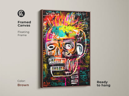 Framed canvas art showcasing a vibrant skull. The art is influenced by Basquiat. A rich brown floating frame complements the piece. The artwork is ready to hang. It brings warmth and artistic flair to any room.