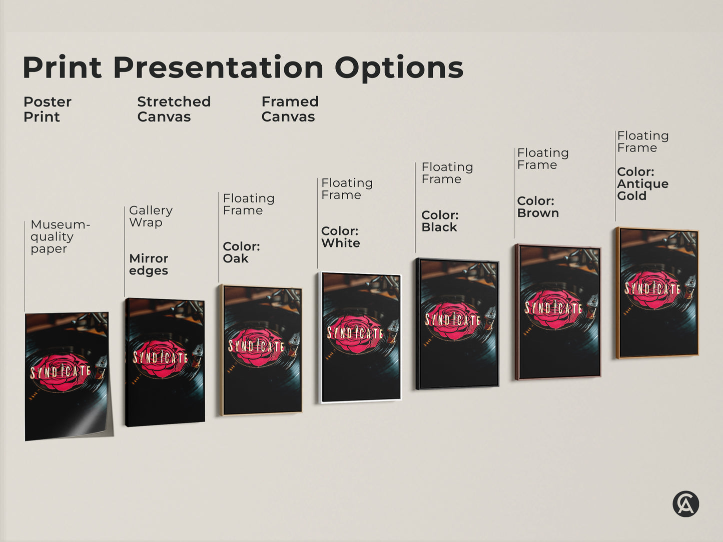 Print presentation options for Syndicate vinyl record art. Poster print stretched canvas and framed canvas options are displayed. Choose from black brown oak white or antique gold frames.