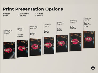 Print presentation options for Syndicate vinyl record art. Poster print stretched canvas and framed canvas options are displayed. Choose from black brown oak white or antique gold frames.