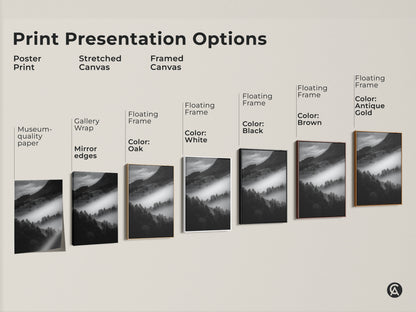 Explore print presentation options for monochrome mountain art. Choose from poster prints stretched canvas and framed canvas options. Each showcases the foggy village print in museum-quality paper or gallery wrap. Select a floating frame in black brown or antique gold.