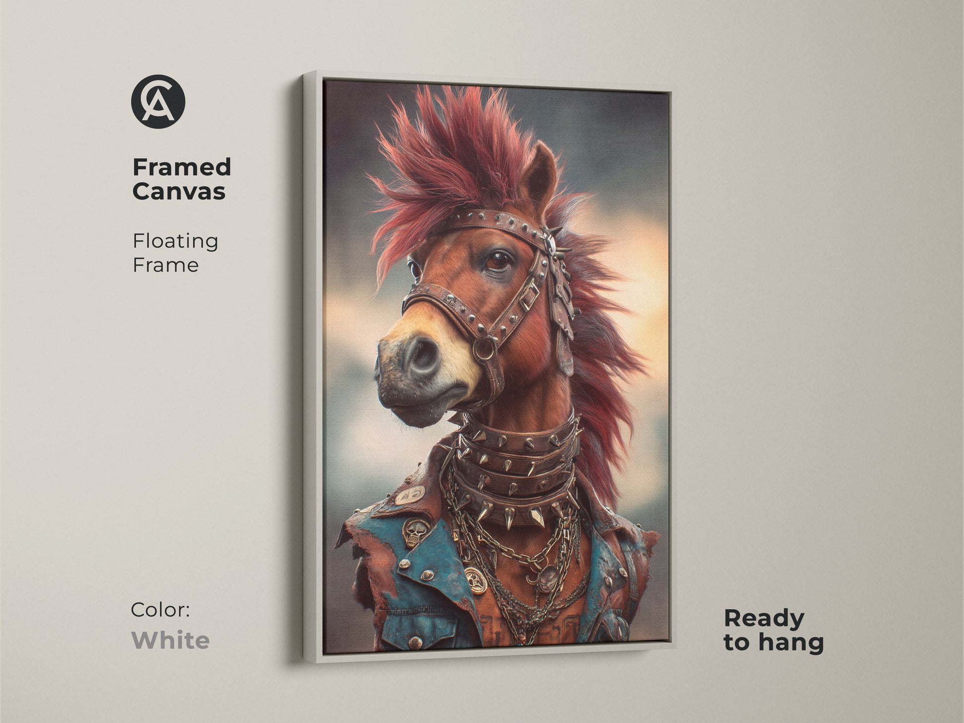 Framed Canvas of a studded leather horse art. The punk rock horse is ready to hang. Displaying the white floating frame. This unique animal art print is perfect for alternative home decor or office wall art.