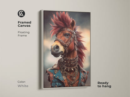 Framed Canvas of a studded leather horse art. The punk rock horse is ready to hang. Displaying the white floating frame. This unique animal art print is perfect for alternative home decor or office wall art.