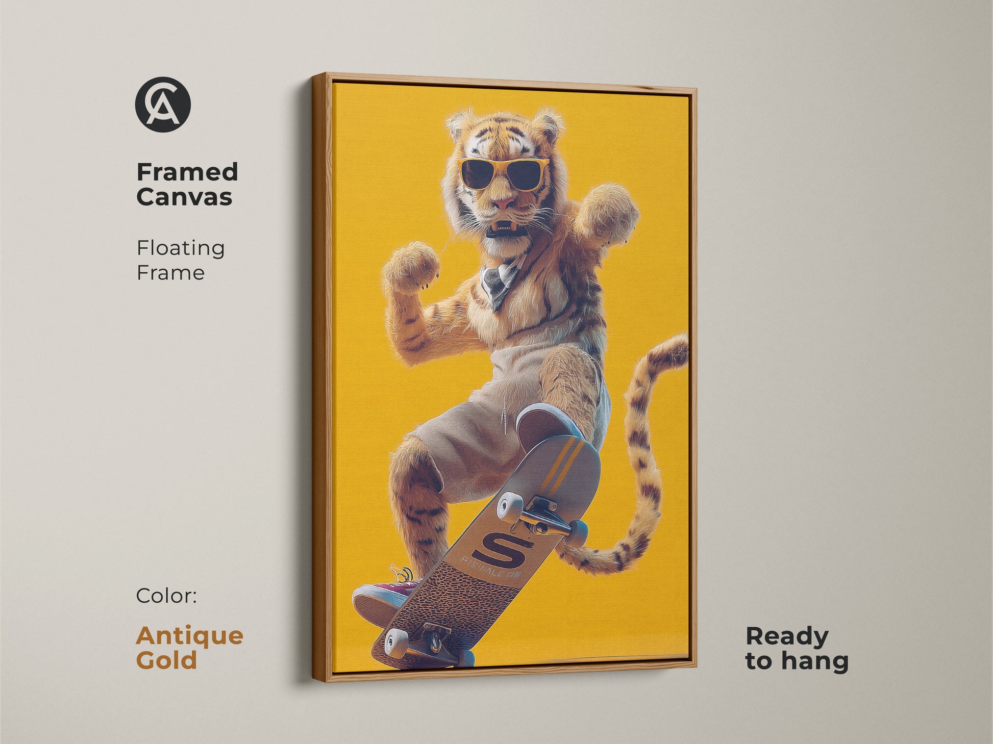 Antique gold framed canvas print features a yellow tiger on a skateboard. Humorous animal artwork adds charm to any eclectic home style. The skateboard themed decor is ready to hang in your man cave.