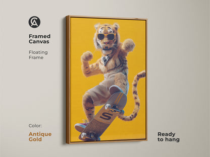 Antique gold framed canvas print features a yellow tiger on a skateboard. Humorous animal artwork adds charm to any eclectic home style. The skateboard themed decor is ready to hang in your man cave.