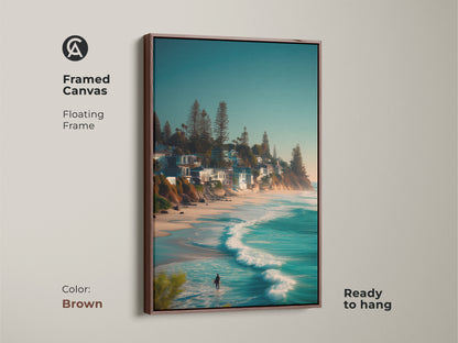 Brown framed canvas art featuring a surfer entering the ocean. The floating frame adds a touch of elegance to the artwork. This ready-to-hang piece brings a serene coastal vibe to any space. Perfect for beach lovers and art collectors alike.