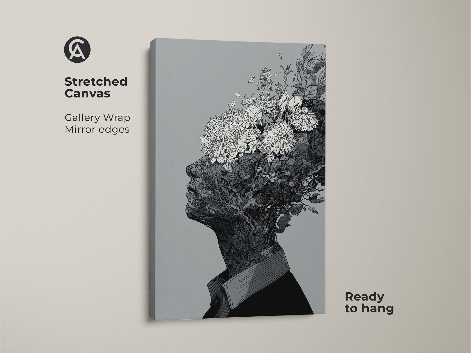 Stretched canvas print of a floral head art piece. The black and white artwork shows a profile of a person. Flowers and leaves grow from their head. This gallery wrapped canvas is ready to hang. A great addition to your home decor.