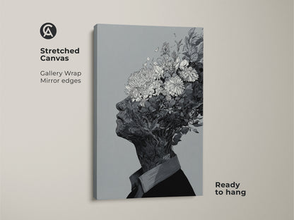 Stretched canvas print of a floral head art piece. The black and white artwork shows a profile of a person. Flowers and leaves grow from their head. This gallery wrapped canvas is ready to hang. A great addition to your home decor.