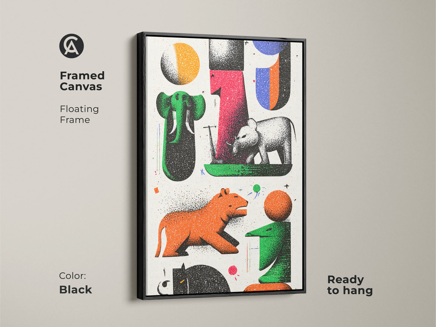 The framed canvas in black displays modern folk art with abstract animals. The floating frame enhances the retro animal canvas art. Its eclectic wall decor features green red and orange tones. The artwork includes elephants and tigers in an abstract style. Ready to hang this piece adds sophistication to any room. It’s a perfect housewarming gift.