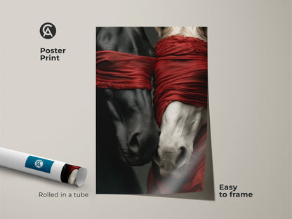 Poster print of surreal black and white horses with red fabric detail. The print comes rolled in a tube for easy framing. This unique horse wall art is a dramatic addition to your home decor. Perfect equestrian gift.