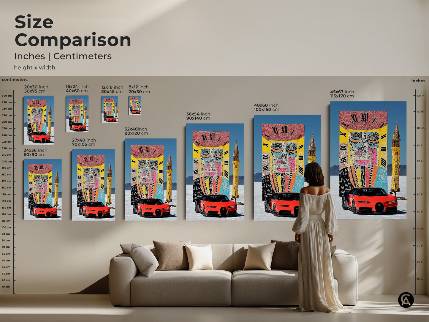 Compare sizes of the abstract face clock and sports car canvas. This size comparison helps you choose the perfect fit. Options range from small to large. Visualize the artwork in different room settings. Find the ideal size to enhance your decor and style. A vivid focal point for any home or office.