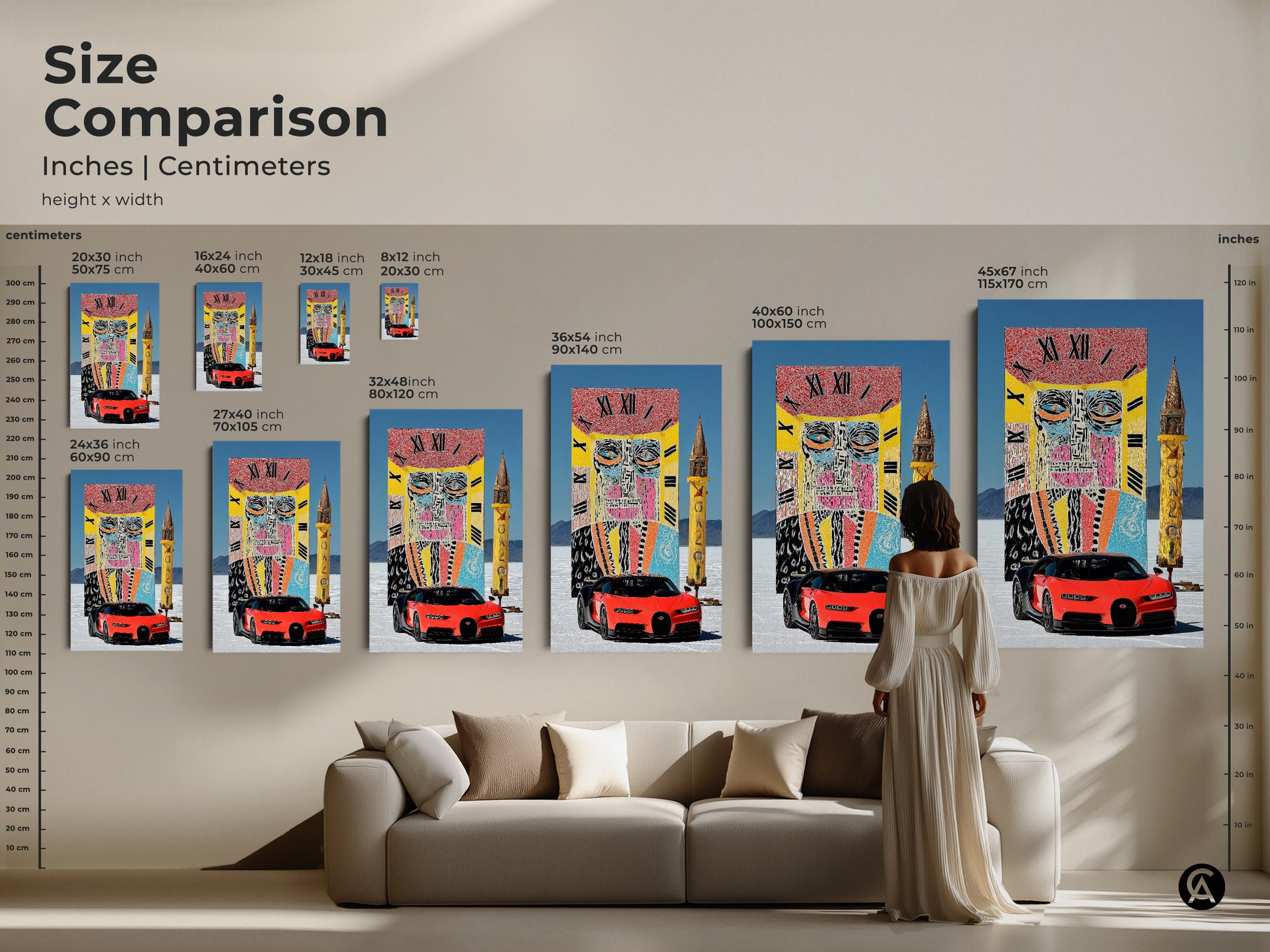 Compare sizes of the abstract face clock and sports car canvas. This size comparison helps you choose the perfect fit. Options range from small to large. Visualize the artwork in different room settings. Find the ideal size to enhance your decor and style. A vivid focal point for any home or office.
