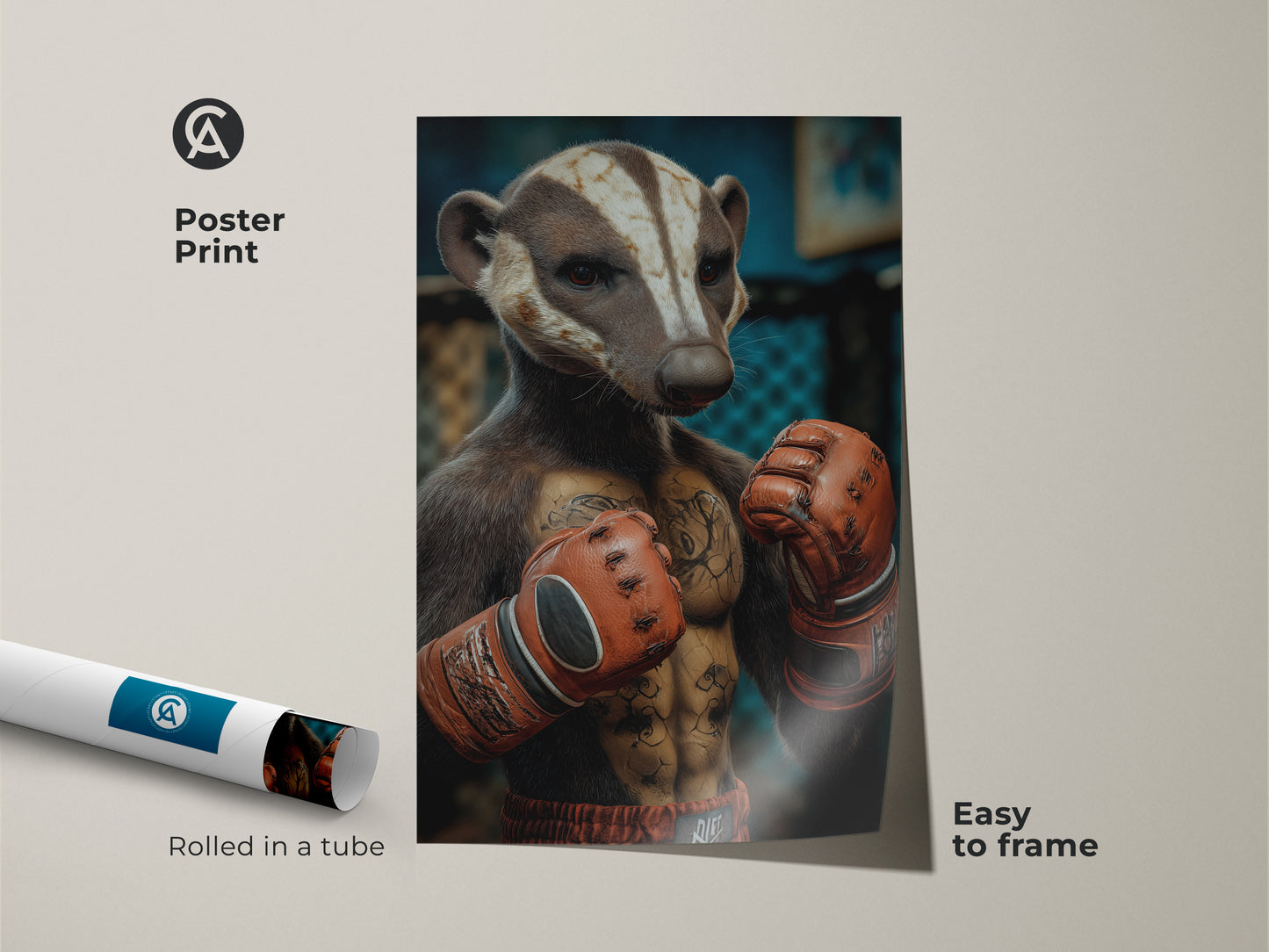 This image showcases the Badger Boxer art print rolled in a tube. It's an easy to frame poster print of an anthropomorphic boxer animal. Perfect office decor for a man cave it makes a unique birthday gift for him. A sports themed wall art is a great eclectic home style addition.