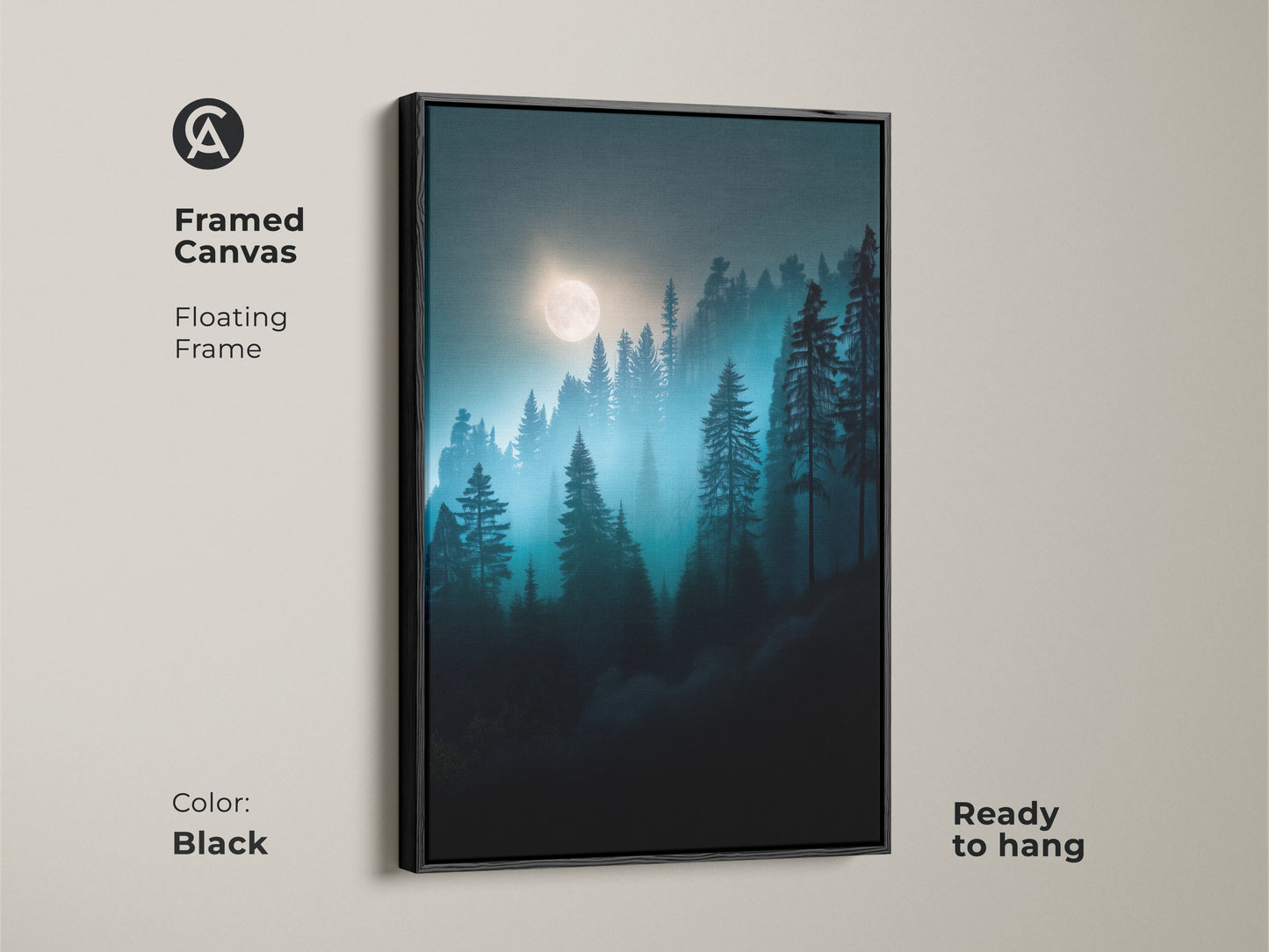Black framed canvas art showcasing a moonlit forest. Deep blue and teal pine trees create a tranquil nature landscape. This ready-to-hang artwork enhances modern decor.