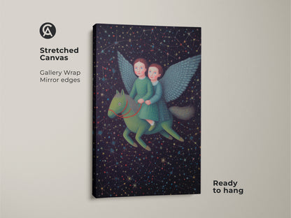 This is a stretched canvas print of children riding a Pegasus through a starry sky. The gallery wrap features mirrored edges and is ready to hang. Perfect fantasy kids room decor or a unique housewarming gift for art lovers who appreciate imaginative artwork.