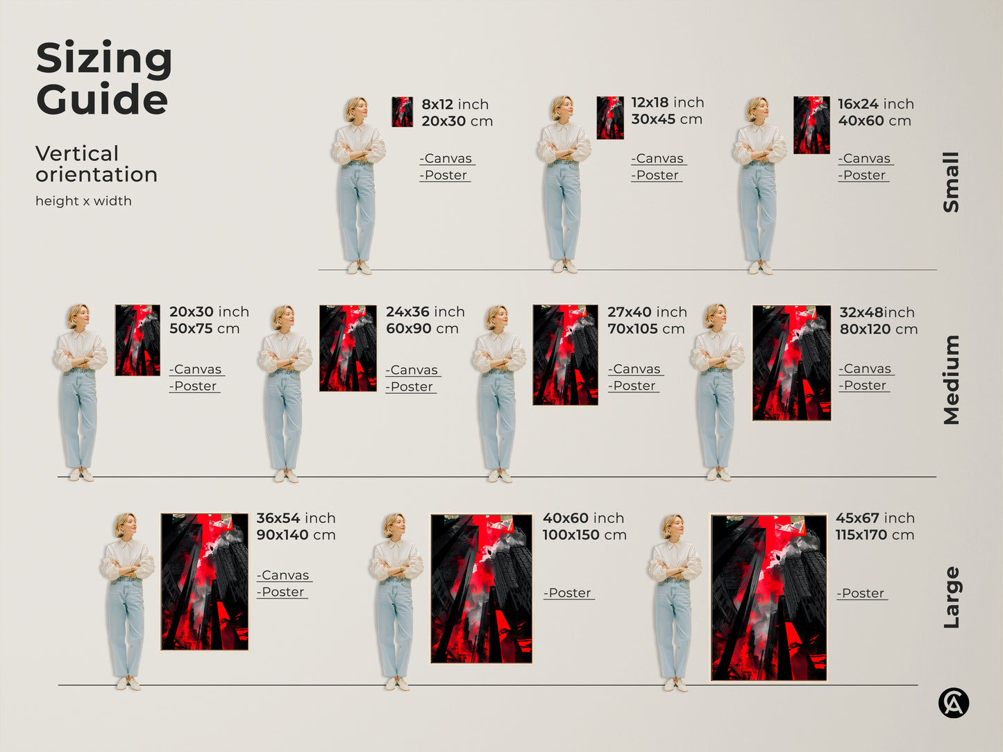 Sizing guide showcasing various sizes of the abstract cityscape canvas and poster art. Find the perfect fit for your space from small to large vertical orientations.