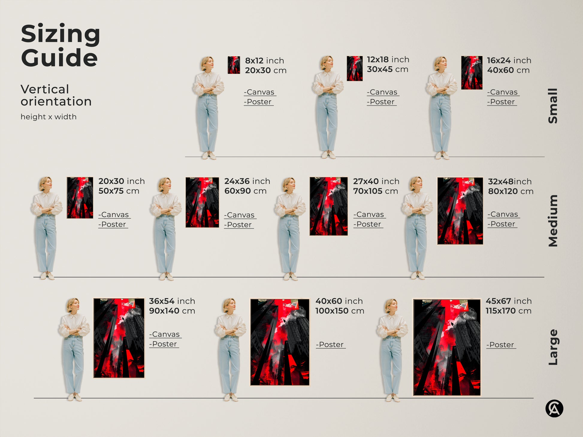 Sizing guide showcasing various sizes of the abstract cityscape canvas and poster art. Find the perfect fit for your space from small to large vertical orientations.