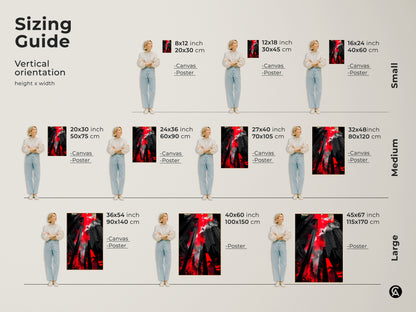 Sizing guide showcasing various sizes of the abstract cityscape canvas and poster art. Find the perfect fit for your space from small to large vertical orientations.