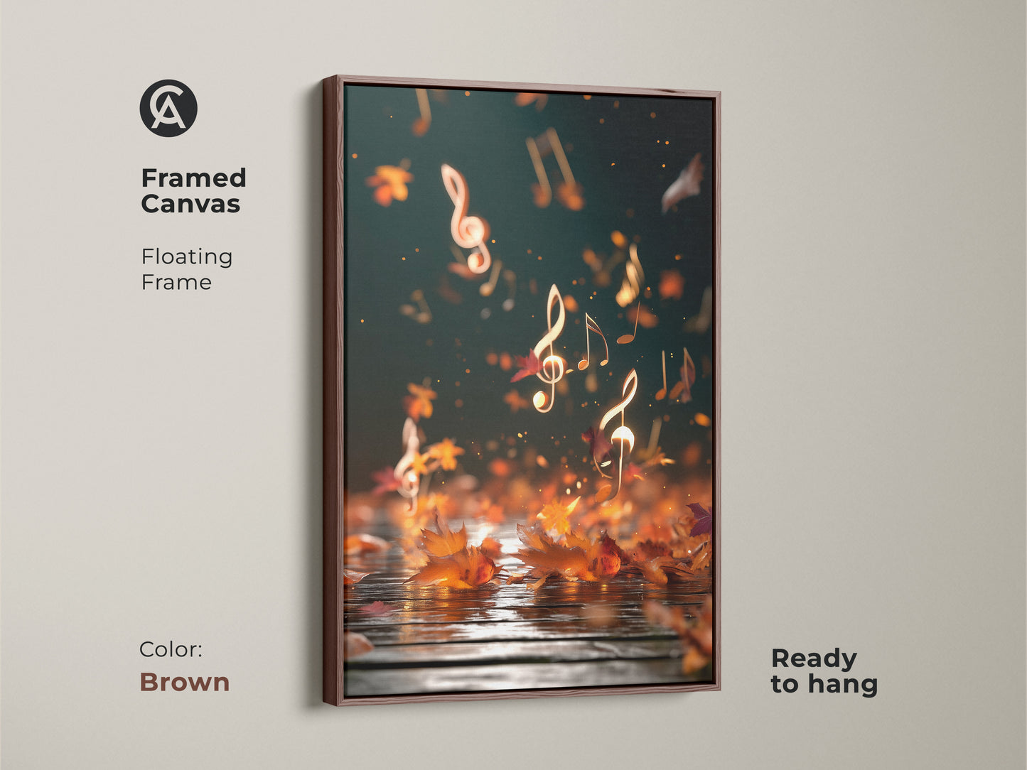Framed canvas featuring abstract music notes art. This brown floating frame enhances the teal gold artwork. The canvas is ready to hang and adds an artistic touch to any room. Perfect for music lovers and those who appreciate autumn's beauty. Enhances study rooms and home music studios.