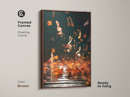 Framed canvas featuring abstract music notes art. This brown floating frame enhances the teal gold artwork. The canvas is ready to hang and adds an artistic touch to any room. Perfect for music lovers and those who appreciate autumn's beauty. Enhances study rooms and home music studios.