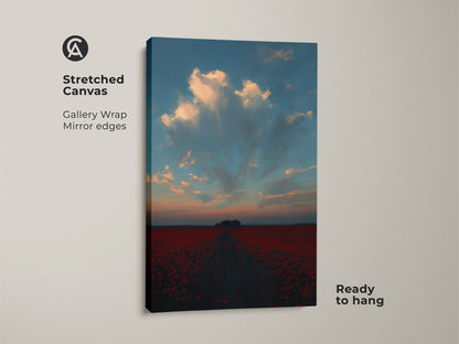 A stretched canvas gallery wrap displays an impressionistic poppy field. This romantic landscape wall art has mirror edges. The red floral nature print is ready to hang. It features a sunset sky clouds artwork. It is a perfect nature lover gift idea.