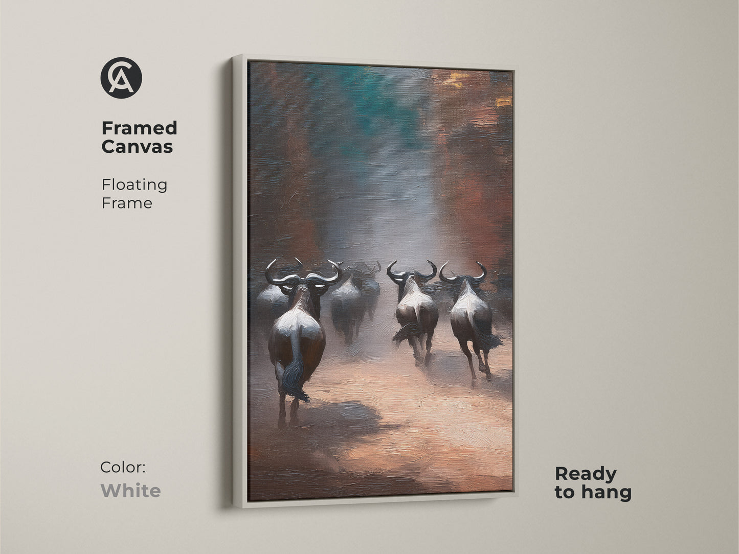 Framed canvas featuring a wildebeest herd in a white floating frame. The earth tone savanna artwork stands out. A clean and modern look for your wild animal wall hanging. Ready to hang.