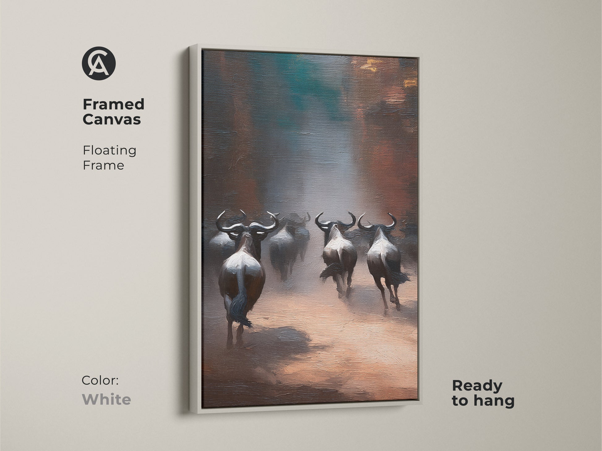Framed canvas featuring a wildebeest herd in a white floating frame. The earth tone savanna artwork stands out. A clean and modern look for your wild animal wall hanging. Ready to hang.