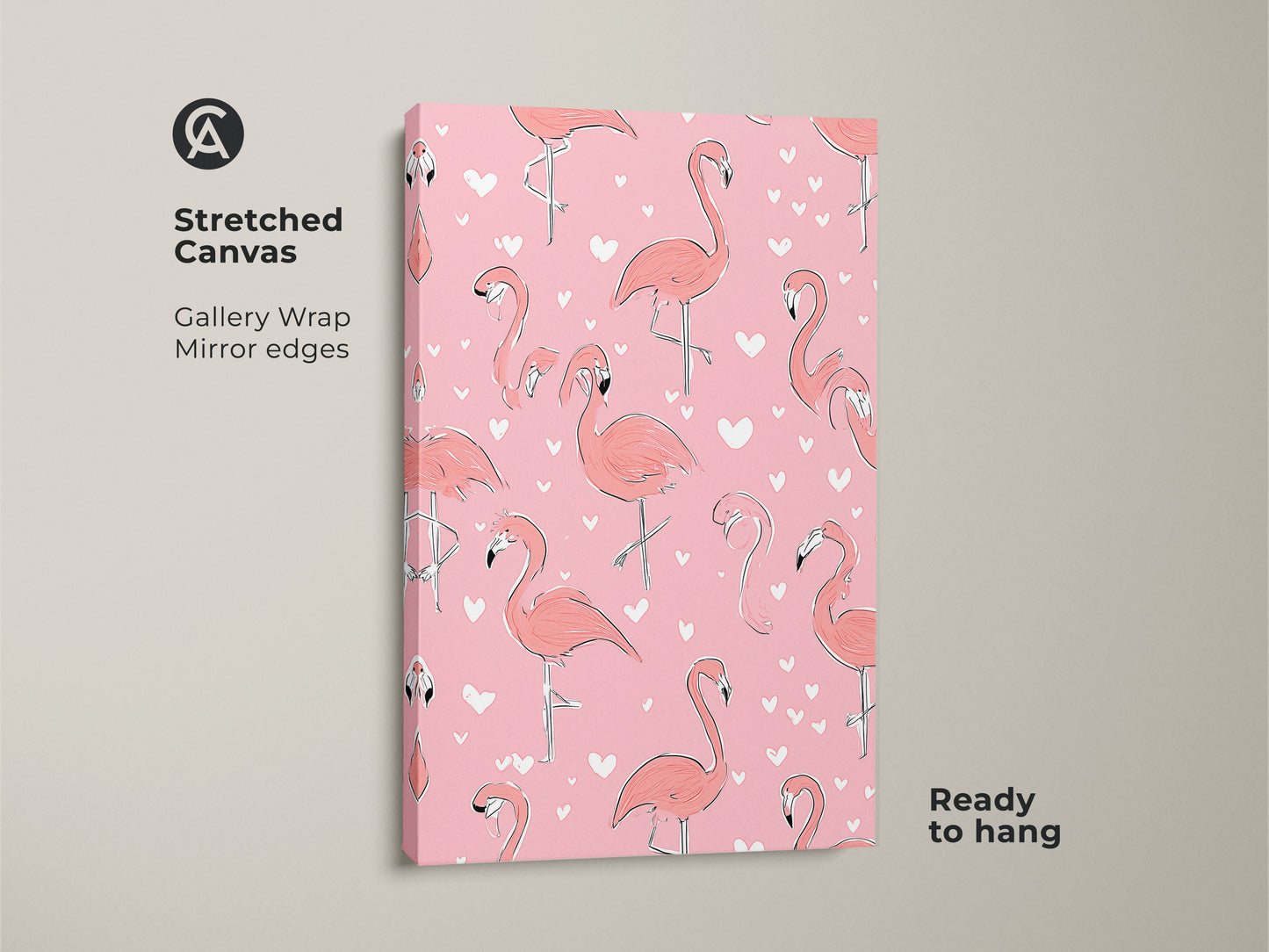 Stretched canvas print of a pink flamingo pattern. Gallery wrapped with mirrored edges this piece is ready to hang. The coral heart pattern adds a boho chic touch. Ideal animal lover gift brings a playful feel and a pop of color to any room.
