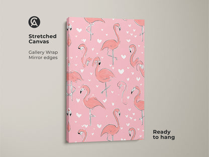 Stretched canvas print of a pink flamingo pattern. Gallery wrapped with mirrored edges this piece is ready to hang. The coral heart pattern adds a boho chic touch. Ideal animal lover gift brings a playful feel and a pop of color to any room.