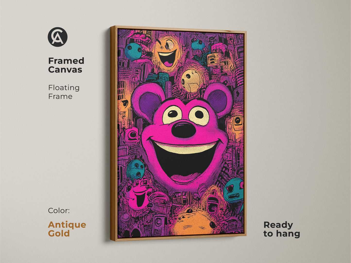 Framed canvas art print featuring a cheerful teddy bear in a pop art style. The antique gold floating frame enhances the artwork. This colorful framed art is ready to hang bringing a playful vibe to your wall decor.