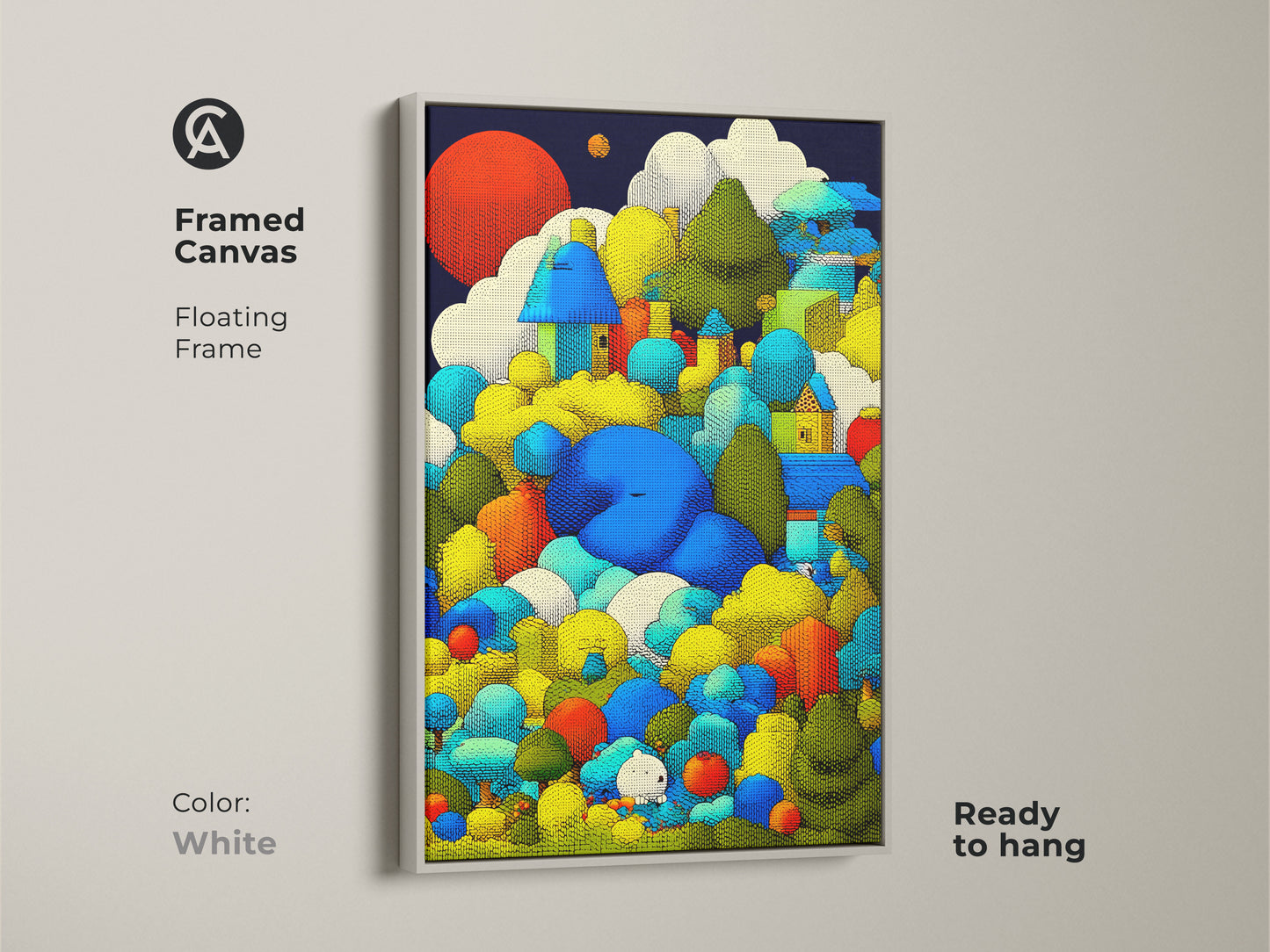 Explore presentation options for this whimsical houses art print. Options include poster print and stretched canvas. Floating frames in black brown oak and white are also available. A museum-quality paper is used.