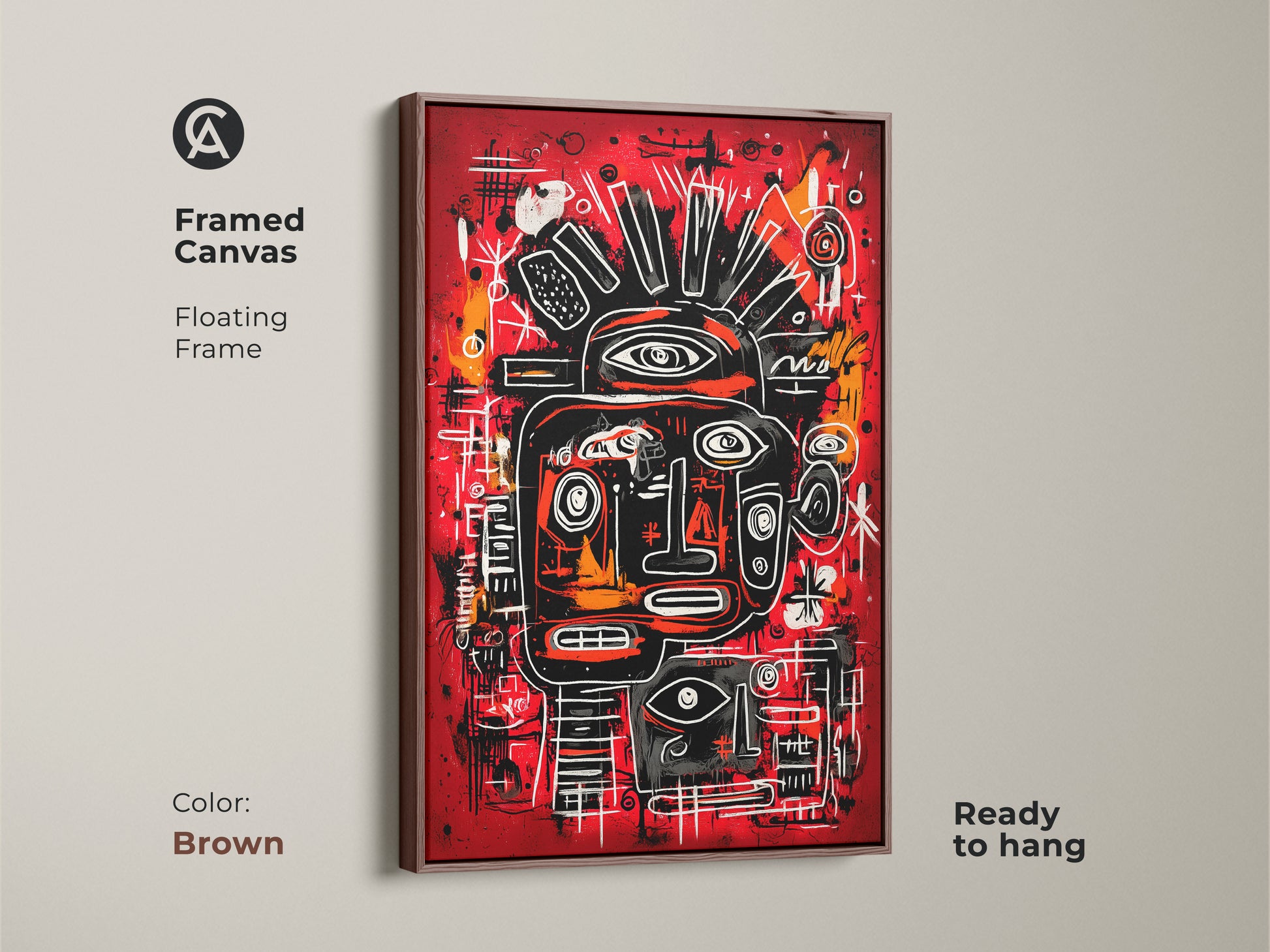 A framed canvas artwork with a floating frame in brown. The artwork is an abstract face with a red background. The face is detailed in black white and orange. It is ready to hang in your home