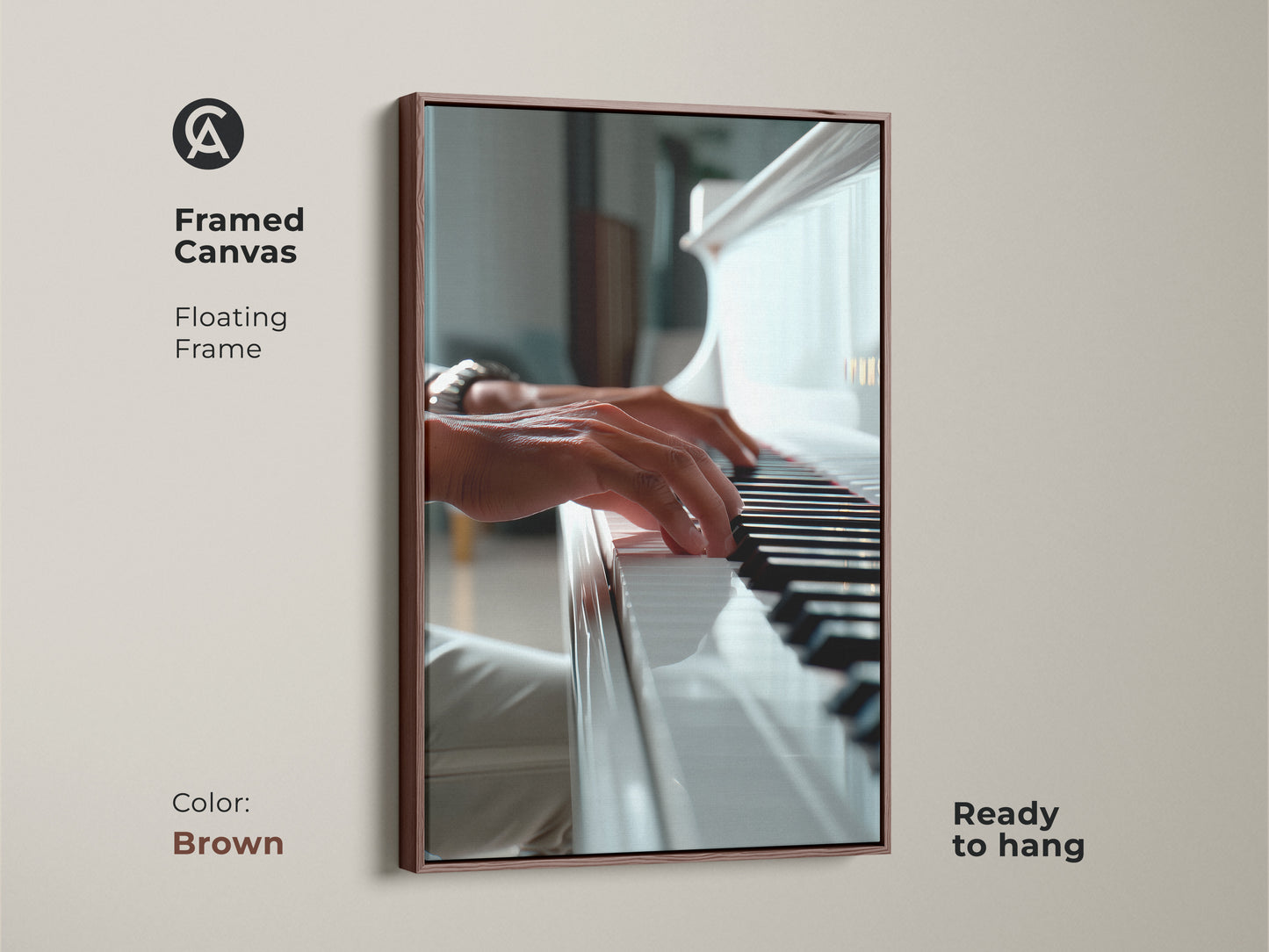 Brown framed canvas featuring a piano. The artwork shows hands playing a white grand piano. The floating frame gives a modern look. Ready to hang and enjoy. Perfect for music-themed decor. Buy this framed art today