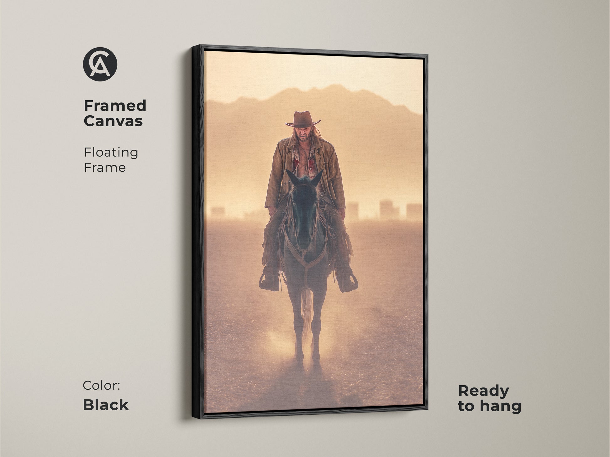 Framed canvas featuring a cowboy on horseback with a black floating frame. Ready to hang. Perfect rustic western art for a study room. The goldenrod orange tan landscape evokes the Wild West. This rugged cowboy art print is a compelling visual narrative.