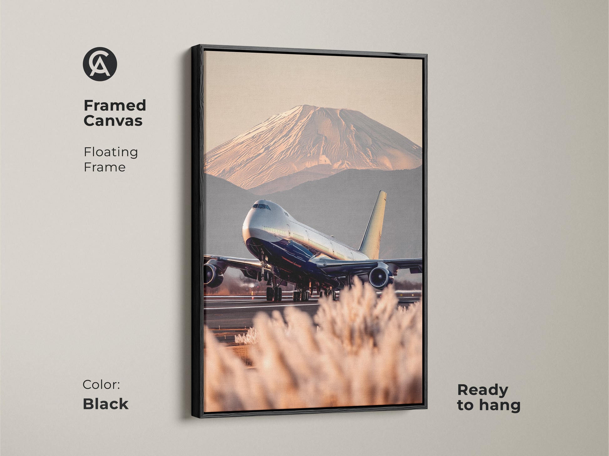 Framed canvas art of a Boeing 747 taking off with Mount Fuji in the background. The travel photography canvas has a floating black frame. This contemporary aviation art is ready to hang. Featuring blue gold and beige tones this piece adds a worldly touch to any home or workspace. Perfect gift for pilots.