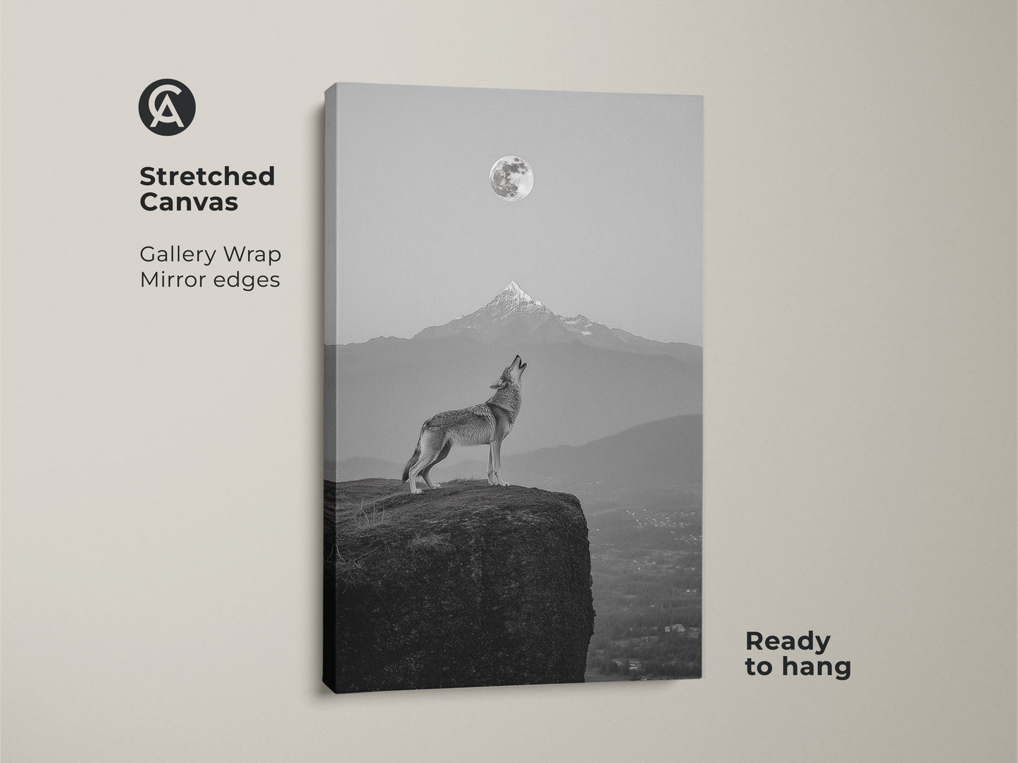 Stretched canvas print of a wolf howling at the moon. This minimalist wolf wall art is ready to hang. Perfect bedroom decor for him or any modern animal art lover.