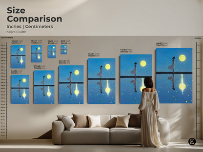 Compare sizes of this surreal artwork. See how the canvas print fits above a sofa. Visualize the impact of different sizes. Choose the ideal dimensions to transform your living room with this dreamy art.