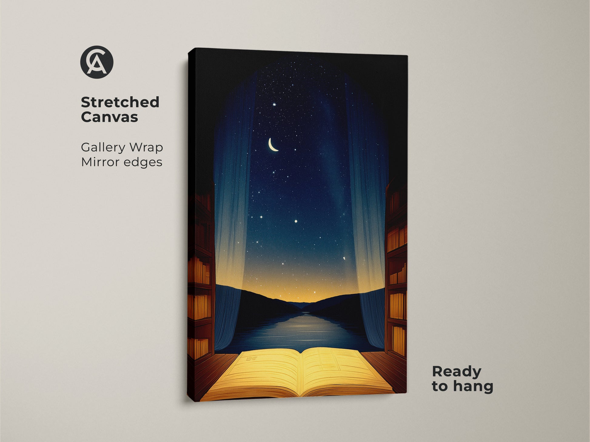 Stretched canvas art featuring a surreal night sky above an open book. This gallery-wrapped canvas has mirror edges. Ideal for a study or reading nook. It adds an eclectic and dreamlike touch. Ready to hang moon and stars wall art.