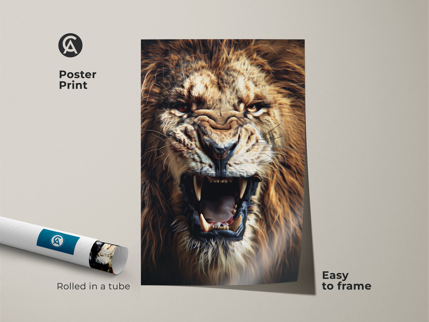 A poster print of a roaring lion rolled in a tube. The intense lion face art is easy to frame. This wildlife nature decor brings a dramatic element to any space. It's a powerful animal painting for animal art lovers.