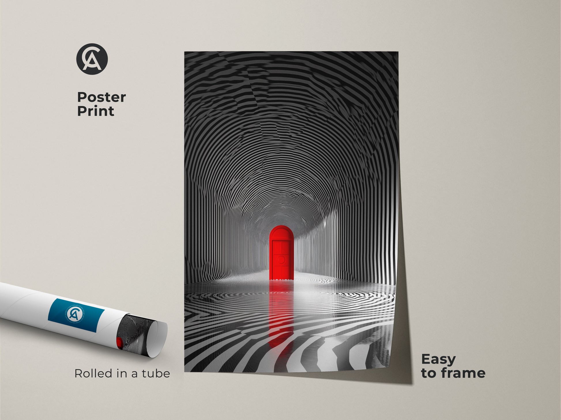 Poster print displaying a black and white tunnel art piece. A vibrant red door is at the end of the tunnel. The print is rolled in a tube for easy framing. This poster offers a simple way to display art. A great choice for adding a touch of surrealism to your home.