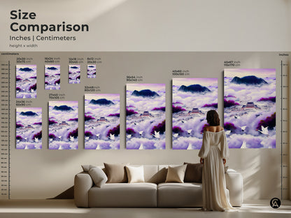 Size comparison featuring the Japanese Palace canvas art. Inches and centimeters show dimensions. See how this Ukiyo-e artwork fits above a sofa. This showcases a flying cranes wall print. Visualize the violet indigo fantasy landscape in your space.