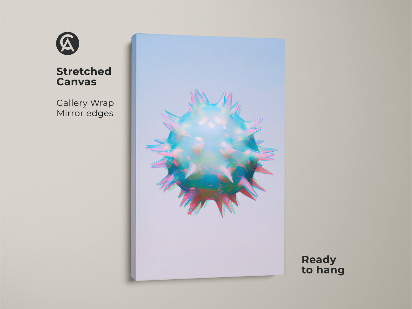 Stretched canvas print of abstract geometric cell art. This gallery-wrapped canvas features a mirror edge. The iridescent teal blue and pink colors create a modern aesthetic. It is ready to hang.