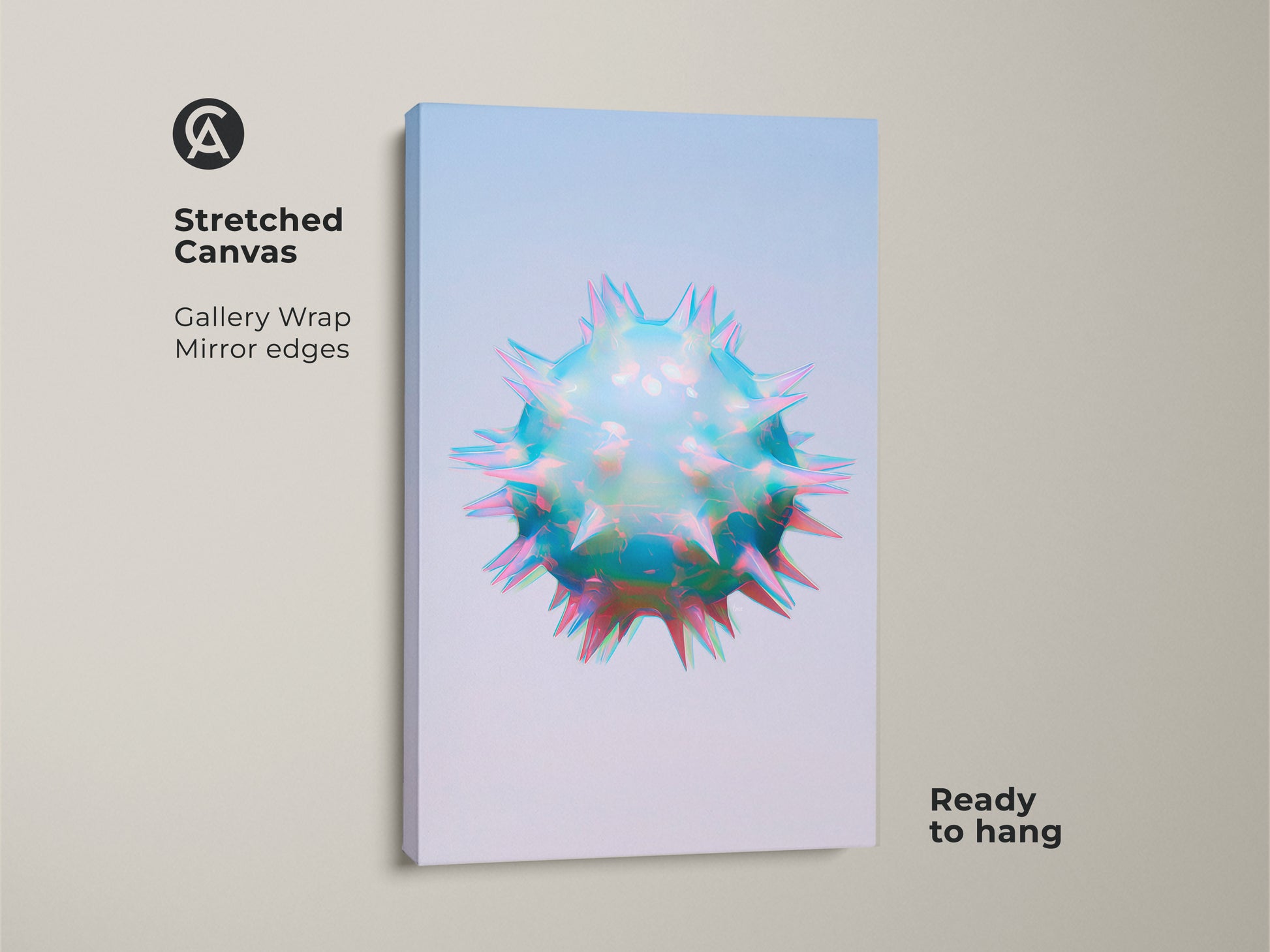 Stretched canvas print of abstract geometric cell art. This gallery-wrapped canvas features a mirror edge. The iridescent teal blue and pink colors create a modern aesthetic. It is ready to hang.